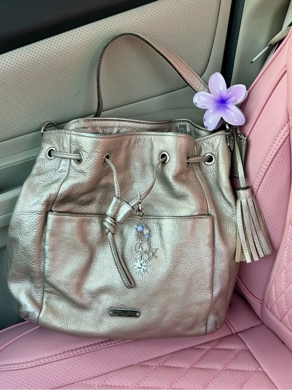 Coach Metallic Silver Drawstring Bucket Bag